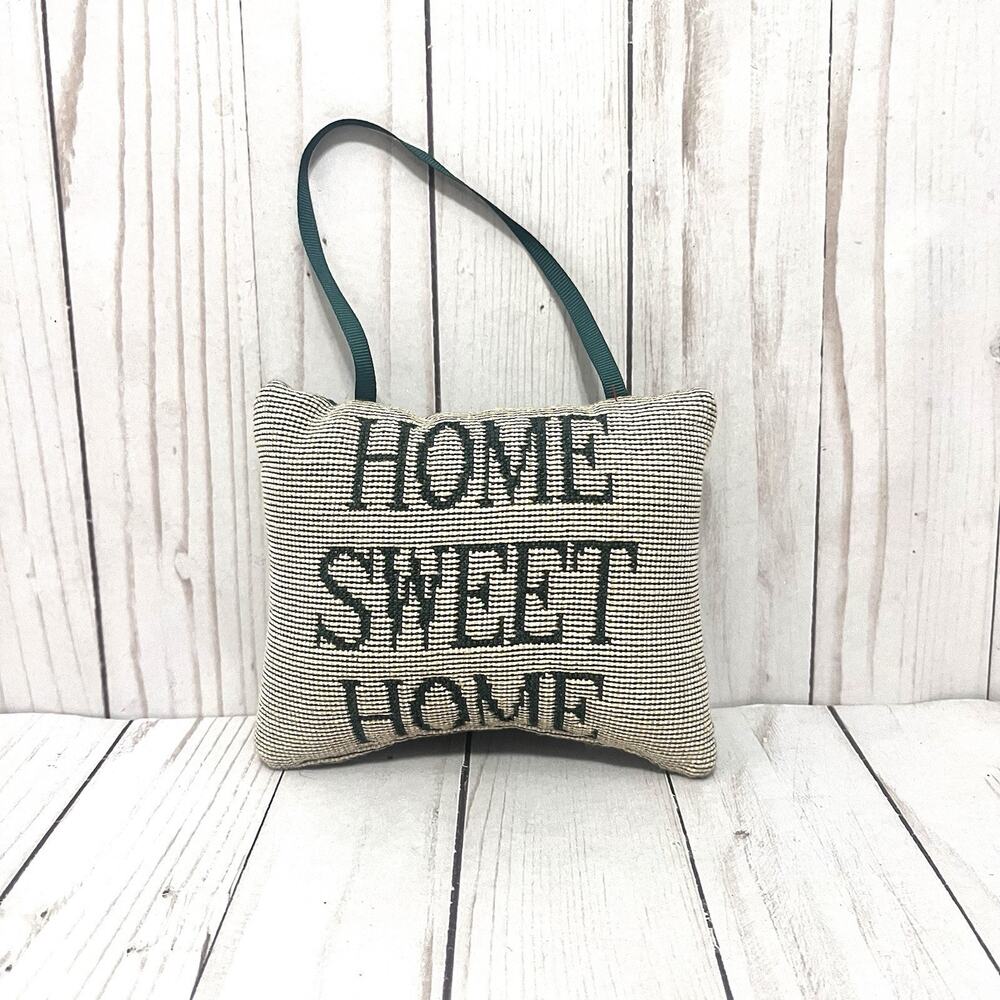 VTG Rustic Needlepoint Mini Green Pillow Home Sweet Home Door Knob Hanger 5"x6"